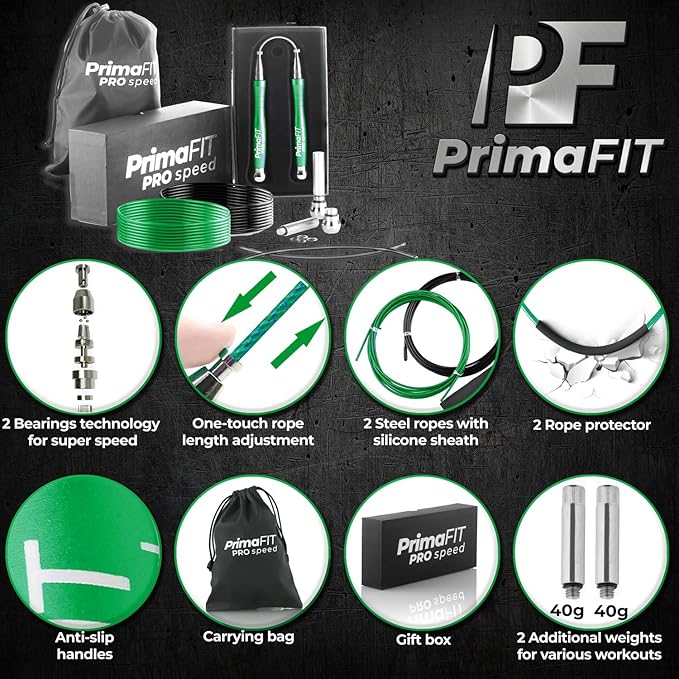 PrimaFIT Jump Rope Pro Speed Skipping Rope Adjustable Adult Jumping Rope Weighted Aluminium Handles for Double Dutch Boxing Workout Crossfit Exercise Fitness Spare Cable Weights Protectors Carry Bag