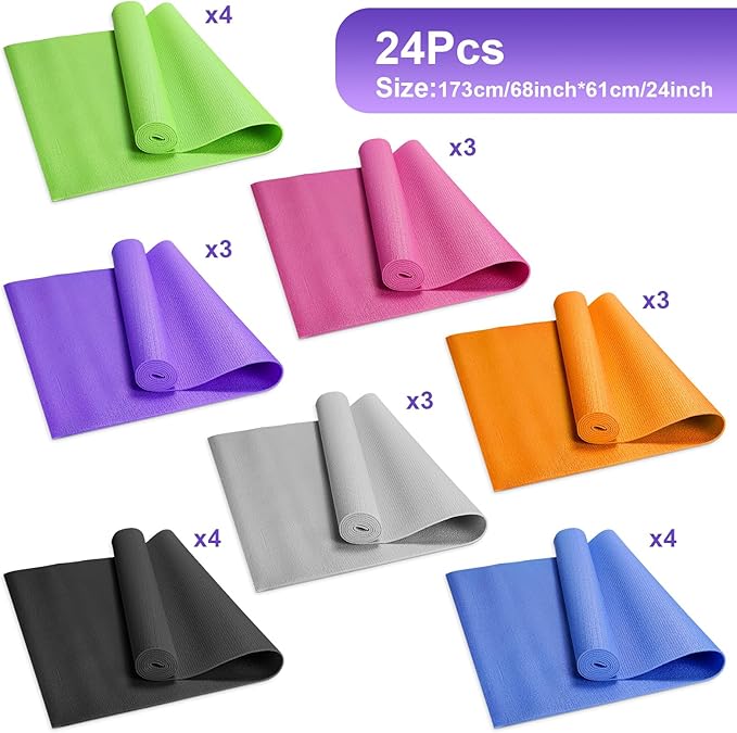 24 Pack 3 mm Thick Yoga Mat Bulk, Non Slip Exercise Workout Fitness Pad for Women Men, Gym Home Yoga Pilates, Easy to Clean, Sturdy PVC