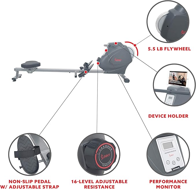 Sunny Health & Fitness Foldable Magnetic Rower, Long Rail & Extended Inseam Range for Home Cardio Workout, Free SunnyFit Training App, Optional Footplate for Standing Exercises