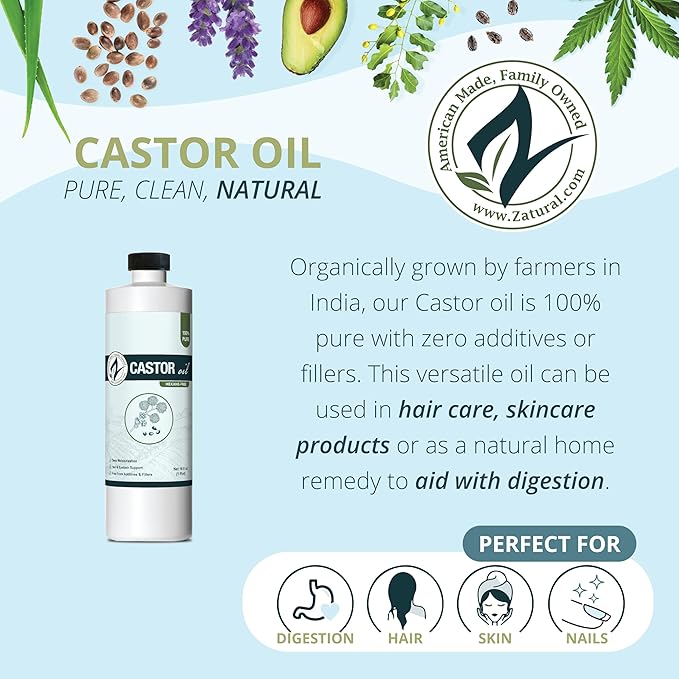 Zatural Castor Oil Naturally Grown 100% Pure Cold Pressed Castor Oil Hexane Free Hair Growth Eylash Serum and Eybrows or Body Wraps and Detox (16oz)