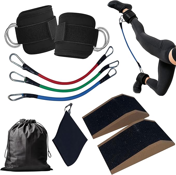 Slant Board for Calf Stretching & Squat Wedge + Ankle Resistance Bands – Glute & Leg Workout Equipment for Women – Booty Trainer Kit with Blocks, Bands & Towels – At Home Gym Set
