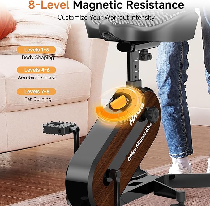 Office Exercise Bike Desk Chair,330 lbs Heavy Duty Under Desk Bike with 9-Level Height Adjustable Seat 24.4"-33.8",8-Level Resistance & Rolling Wheels,Quiet Fitness Chair for Home Office