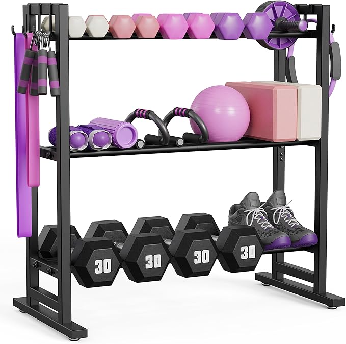 niffgaff 3 Tier Adjustable Dumbbell Rack with Hooks, Extended Base Weight Storage for Home Gym – Holds Up to 450 lb, Space-Saving Fitness Equipment Organizer (Rack Only)
