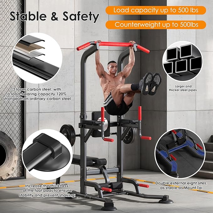 soges Pull Up Bar Dip Station, Power Tower with Folding Dumbbell Bench & Backrest, Adjustable Height Pull Up Bar Stand, Multi-Function Home Gym Strength Training Fitness Equipment 330LBS