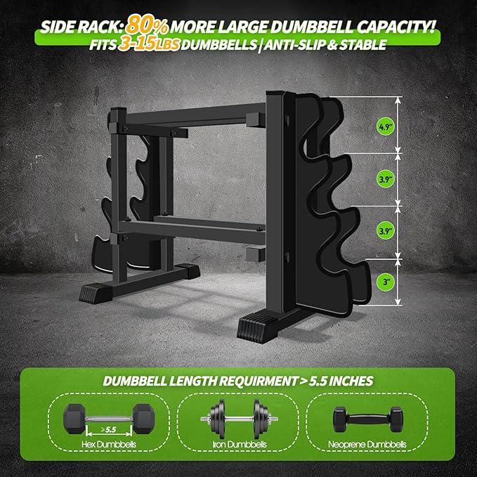 Heavy Duty Dumbbell Rack, Double-Side Extension Holder for Dumbbells & Kettlebells Home Gym Storage Rack