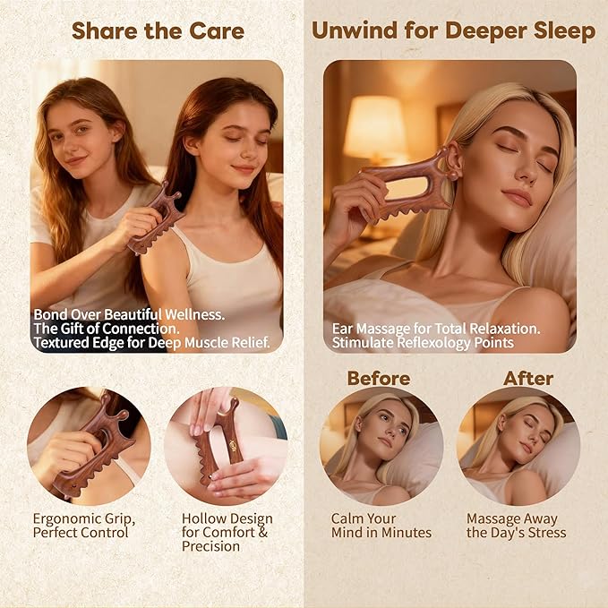 Wooden Gua Sha Massage Tool for Face & Body – Dual Trigger Point Acupressure Massager for Nose & Eye Area, Manual Muscle Scraper with Ergonomic Grip for Jawline & Neck Relief in Gift Box