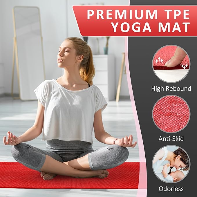 Signature Fitness All Purpose 0.25 Inch Thick High Density No Tear Exercise Yoga Mat with Strap & Lightweight Features for Indoor & Outdoor Use, Red