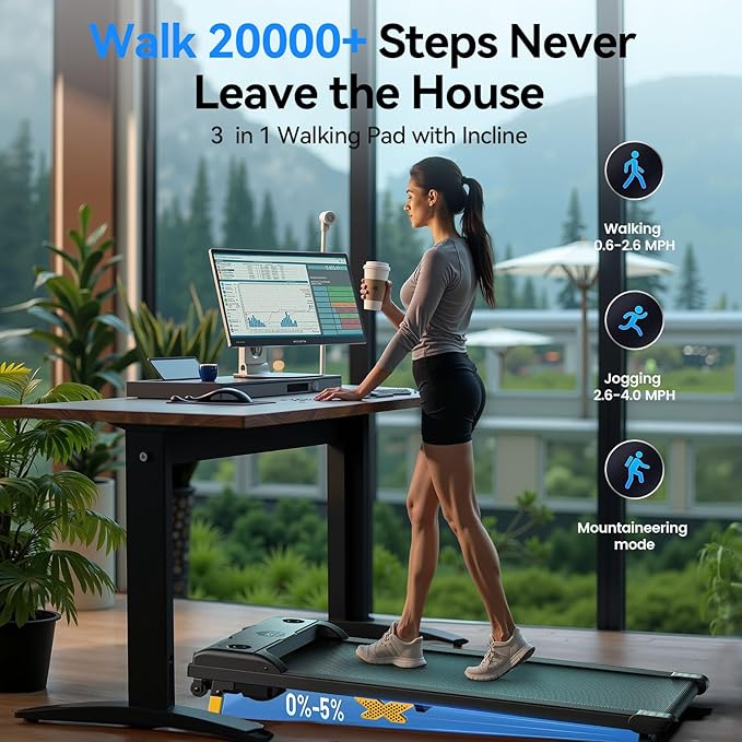 Walking Pad with Incline, 2.5HP Under Desk Treadmill, 3 in 1 Portable Treadmill with Remote Control, LED Display, Hidden Safety Switch, Mini Walking Jogging Machine for Home Office