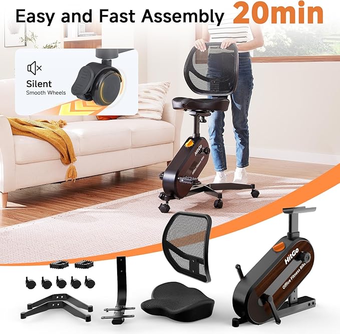 Office Exercise Bike Desk Chair,330 lbs Heavy Duty Under Desk Bike with 9-Level Height Adjustable Seat 24.4"-33.8",8-Level Resistance & Rolling Wheels,Quiet Fitness Chair for Home Office