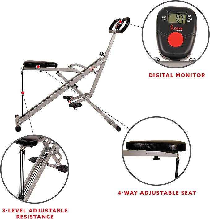 Sunny Health and Fitness 45 Degree Hyperextension Roman Chair, Steel, Grey, One Size + Squat Assist Upright Row-N-Ride Rowing Machine, Horse Riding Machine Full Body Indoor Trainer