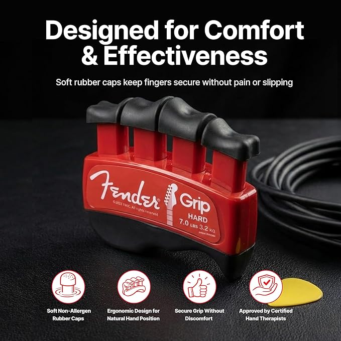 Fender GRIP Hand and Finger Exerciser – Best Ergonomic Finger Strengthener to improve play on all stringed instruments (Guitar, Bass, Violin, etc.) (Tensions: WHITE=5-Lbs; RED=7-Lbs; BLACK=9-Lbs)