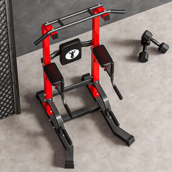 soges Pull Up Bar Dip Station, Power Tower with A Backrest, Adjustable Height Pull Up Bar Stand, Multi-Function Home Gym Strength Training,Red