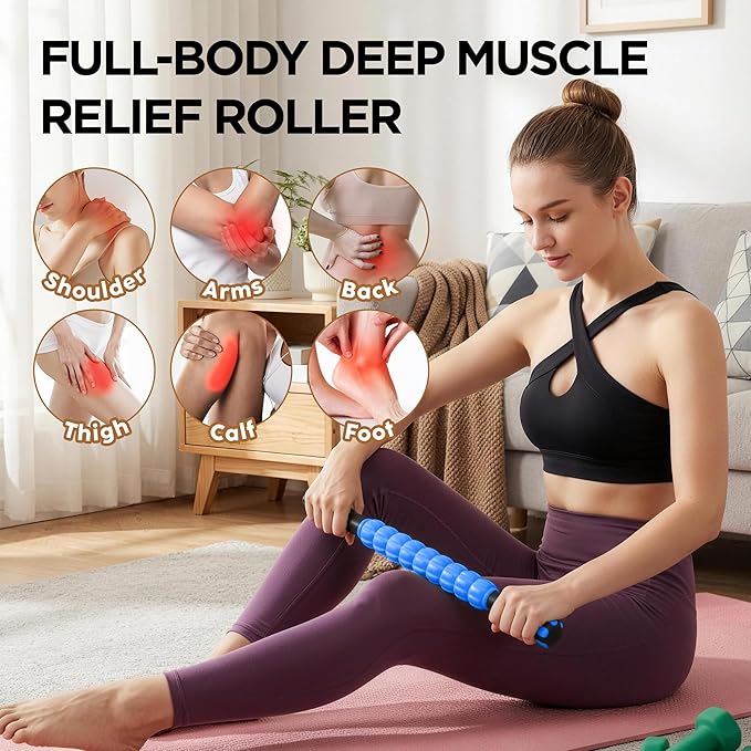 Muscle Roller & Massage Roller Stick for Athletes - Lymphatic Drainage Support, Relieves Muscle Soreness, Cramping & Tightness - Targets Legs, Arms, Back & Calves （Blue - 18inch）