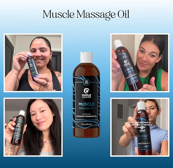 Muscle Massage Oil for Body - Relaxing Massage Oil with Lavender Lemon and Rosemary Essential Oils for Muscles and Joints - Gentle Moisturizing and Warming Formula for Pro or Home Use (8 Fl Oz)