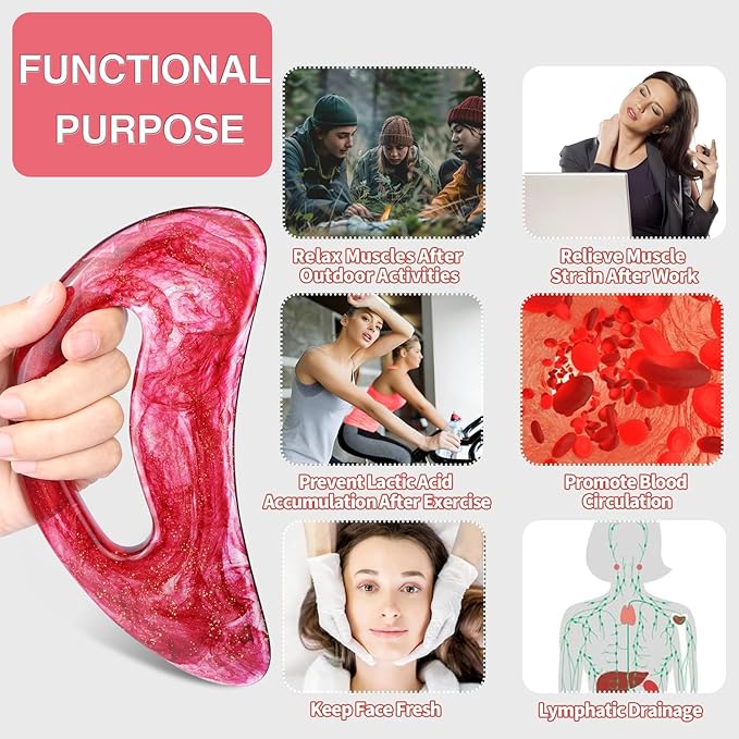 Body Gua Sha Tool Deep Tissue Massager for Back Pain & Full Body, Large Resin Lymphatic Drainage Scraping Board for Cellulite Removal, Ergonomic Hollow Grip, Face & Leg Massage Kit(Red)