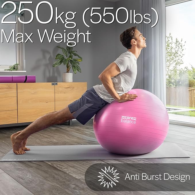 Core Balance Exercise Ball, Stability Ball for Yoga, Pilates and Fitness, Gym Ball for Home Gym and Office Chair, Training, Physical Therapy, Anti Burst, Pump Included, 55cm 65cm 75cm 85cm