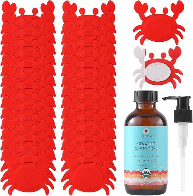30Pcs Castor Oil Patch for Belly Button with 4oz Organic Castor Oil in Glass Bottle, Castor Oil Pack Belly Button Patches for Stomach Hand Self Adhesive (30pcs Crab Pack with Oil)