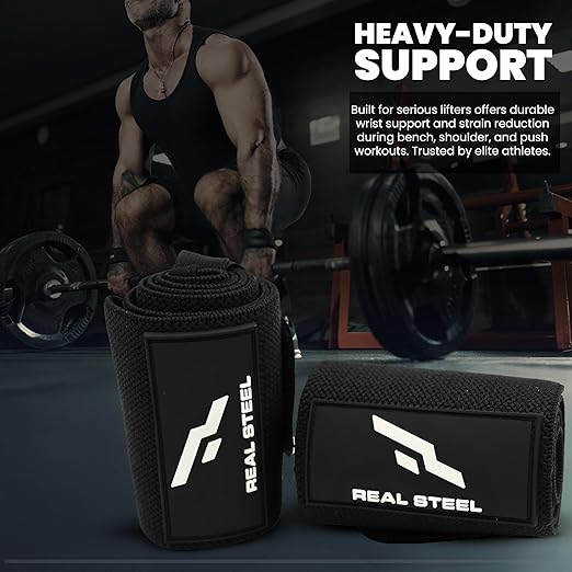 Real Steel Premium Wrist Wraps for Weightlifting for Men & Women - 24" Gym Wrist Wraps with Thumb Loop | Weight lifting accessories for Gym, Pain Relief Support and Training | Support Braces |1 Pair