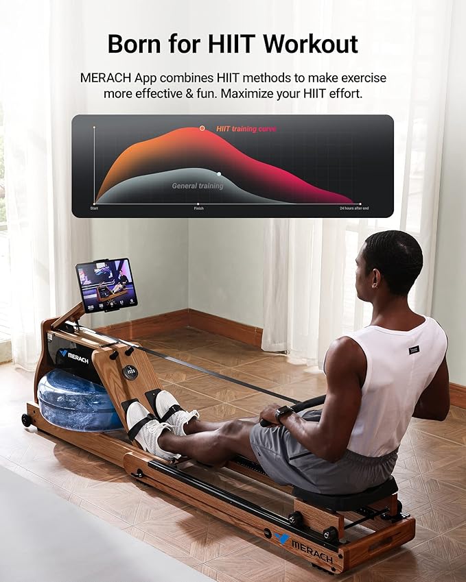 MERACH Foldable Wooden Rowing Machine, Water Electromagnetic Rower Machine for Home Use, Exclusive App Lifetime Membership, Patented Space Saver, MERACH Go Technology, 950