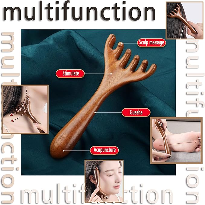 Wooden Self Care Facial Reflexology Hand Self-Massage for Head, Neck and Back, Set of 2 Wood Massage Tools