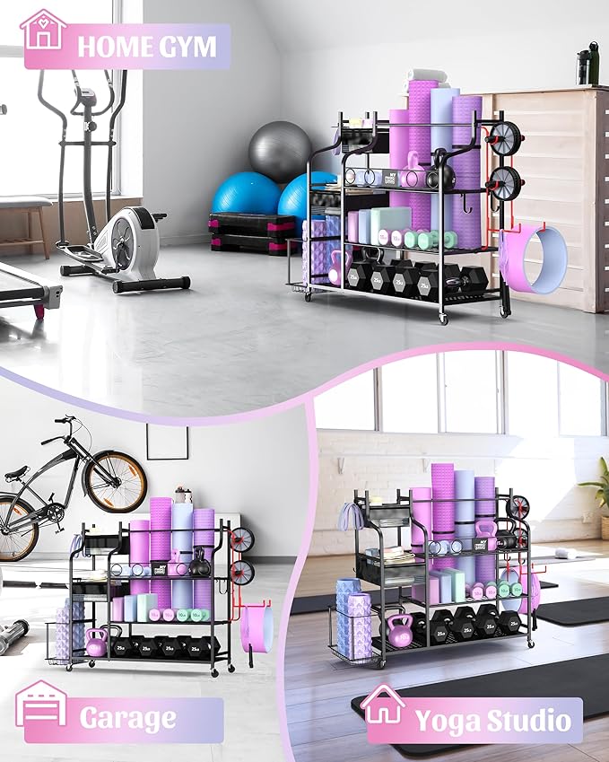 Mythinglogic Weight Rack for Dumbbells, Home Gym Storage for Yoga Mat Dumbbells Kettlebells and Strength Training Equipment, Dumbbell Rack with Wheels and Hanging Hooks