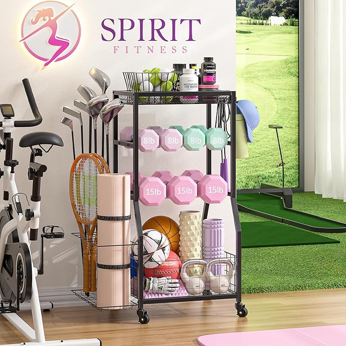 Home Gym Storage Rack, Dumbbell Rack with Yoga Mat Storage, Weight Rack Stand with Lockable Wheels and Hooks, Home Workout Equipment Organizer for Yoga, Dumbbell, Kettlebells, Ball Storage