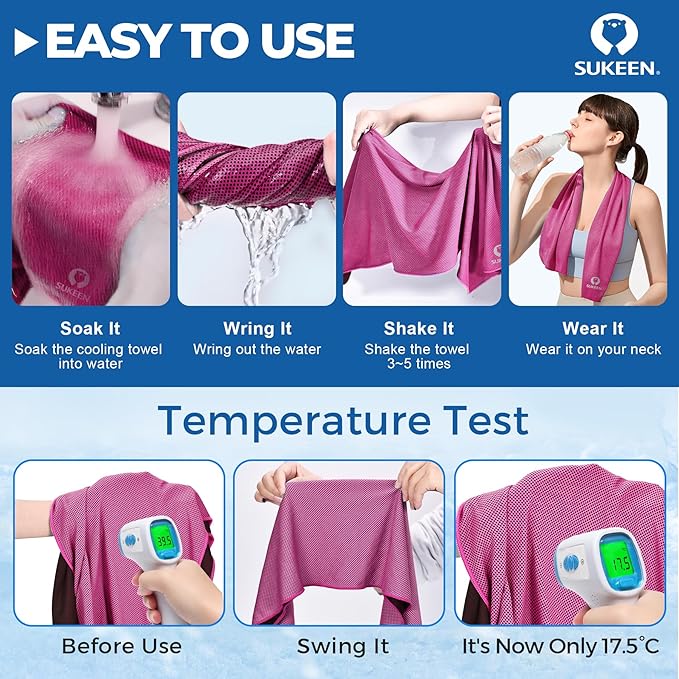 Sukeen Cooling Towels 6 Pack (40"x 12"), Neck and Face, Cool Sweat and Lightweight Breathable Towels for Hot Weather, Yoga, Sports, Workout, Running, Gym, Camping, Fitness