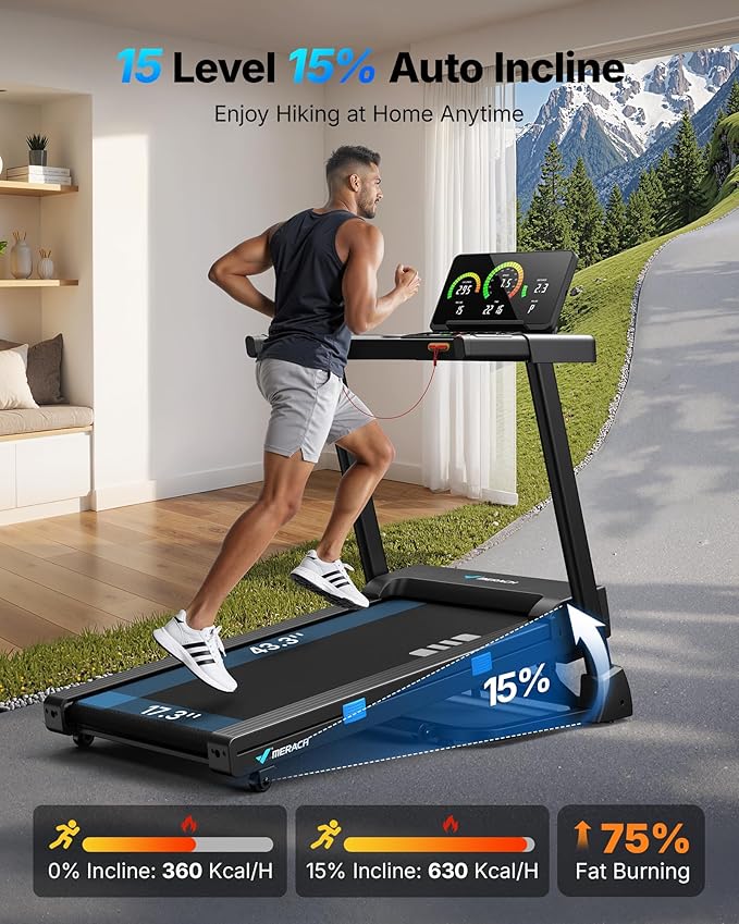 MERACH Incline Treadmill with Incline 6%-15%, 7-Layer Belt 300LBS Capacity Tredmill Foldable Handle Running Treadmills for Home, 0.5-7.5MPH 3.0HP Incline Folding Treadmill LED with APP Threadmill