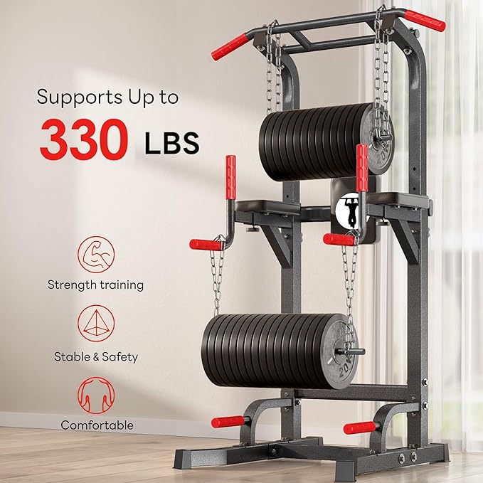 Pull Up Bar Station, 10-Level Height Adjustable Wall Mounted Home Gym, 330 lbs Capacity with Dip Bars & Push Up Handles, for Chin Up, Dips, Leg Raise (Black/Red/Yellow)