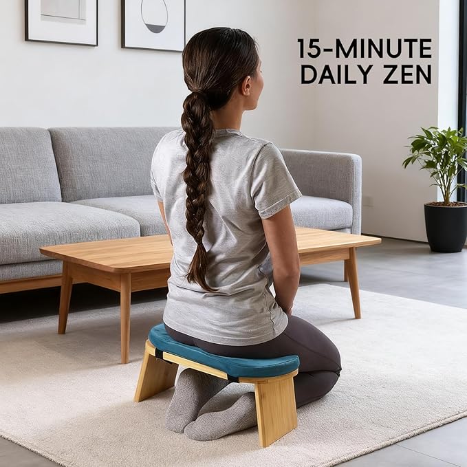 Natural Beech Wood Yoga Bench, Ergonomic Design for Kneeling, Meditation, Pilates, FSC Certified (Blue)