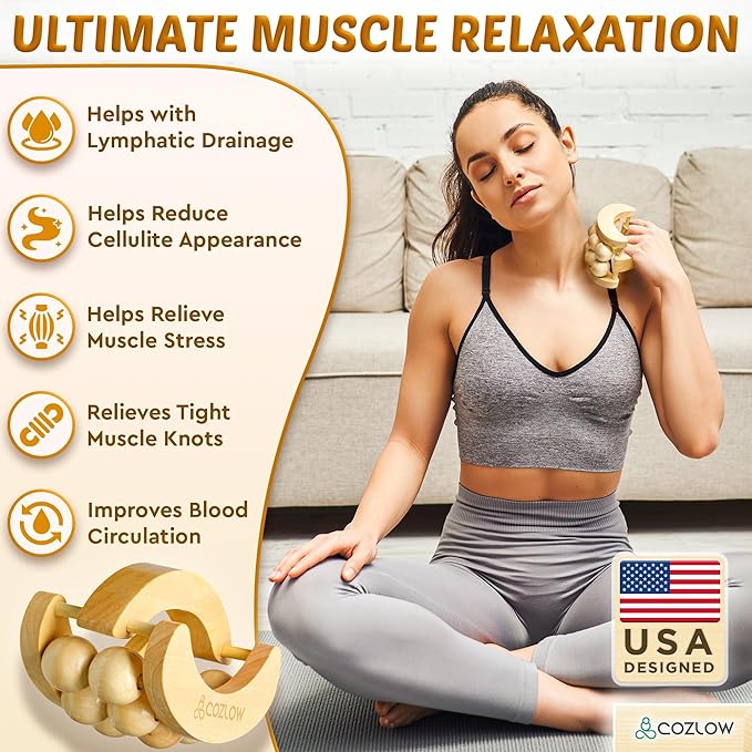COZLOW - Wooden Massage Ball Roller - Handheld Rolling Massager for Back, Neck, Arm & Leg Muscles - Supports Lymphatic Drainage - May Help Reduce Cellulite Appearance - Pain Relief & Relaxation