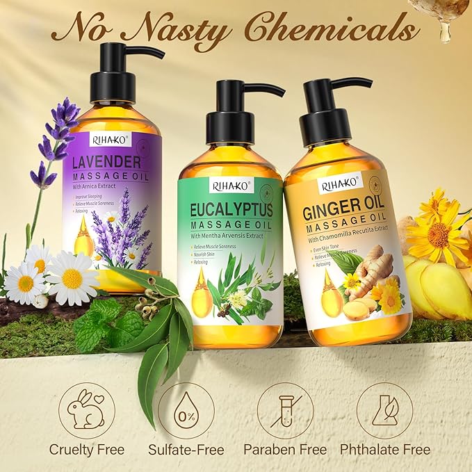 Valentine 's Day Gift for Women 3 Pack Massage Oil for Massage Therapy,Ginger for Lymphatic Drainage, Lavender for Relaxation, Eucalyptus Mint for Muscle Relief | Massage Therapy & Date Night Spa Gift