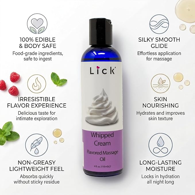 Lick Whipped Cream Flavored Massage Oil – Light Dessert-Inspired Edible Massage Oil, Body-Safe Formula with Vitamin E, Silky Glide for Couples Massage Moments, 4 oz