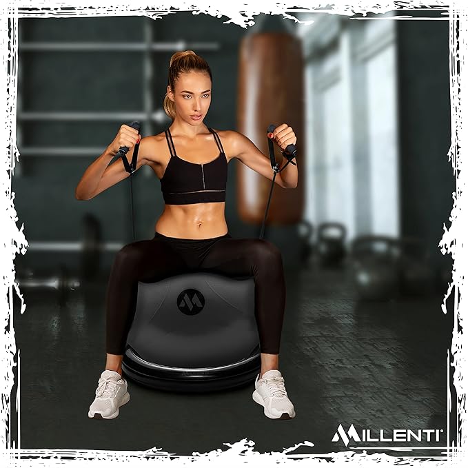 Millenti Exercise Ball Chair 65cm - Yoga Ball Chair Stability Base Ring Kit & Fitness Resistance Bands For Home, Gym Bundle, Pilates Ball, Office Chair, Birthing Ball For Pregnancy - With Workout Chart