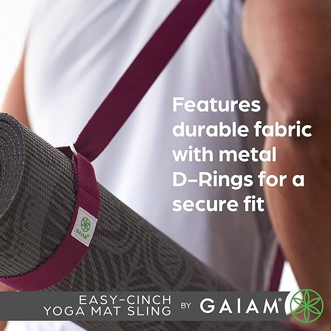 Gaiam Easy-Cinch Yoga Mat Sling - Durable Carrying Strap for Yoga Mat with Metal D-Rings for Secure Fit (No Mat Included)
