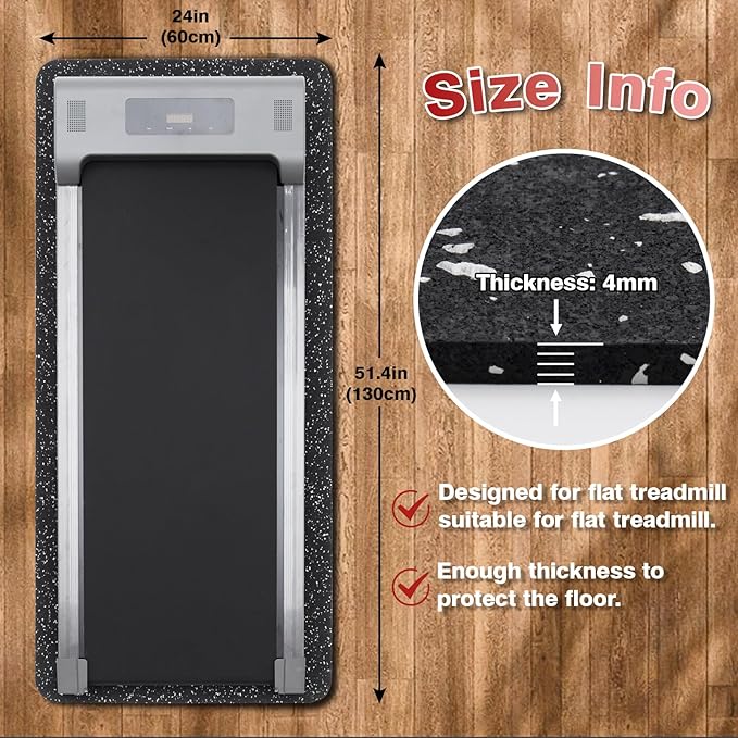 Treadmill Mat for Hardwood Floors - 100% Recycled Rubber Mat for Home Gym Flooring, Durable Workout Fitness Mats, Walking Pad Exercise Bike Equipment Mat, Non-Slip