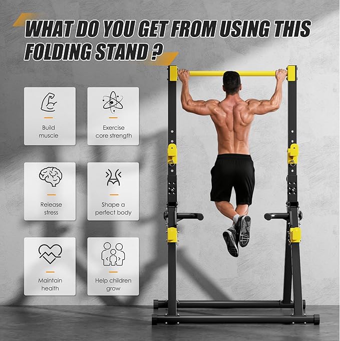 soges Foldable Power Tower, Pull Up Dip Station for Home Gym, 500 LBS Capacity Power Tower with Triangular Design, Adjustable Height Pull Up Bar for Full Body Workout