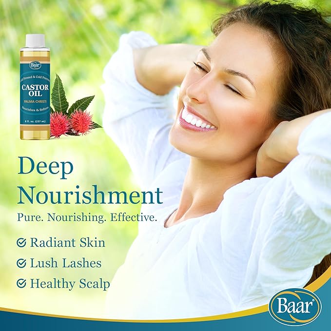 Baar Cold-Pressed Castor Oil, Cold-Processed, Hexane-Free, Palma Christi, for Skin, Hair, Massage & Castor Oil Packs, BPA-Free Bottle, 8 oz.