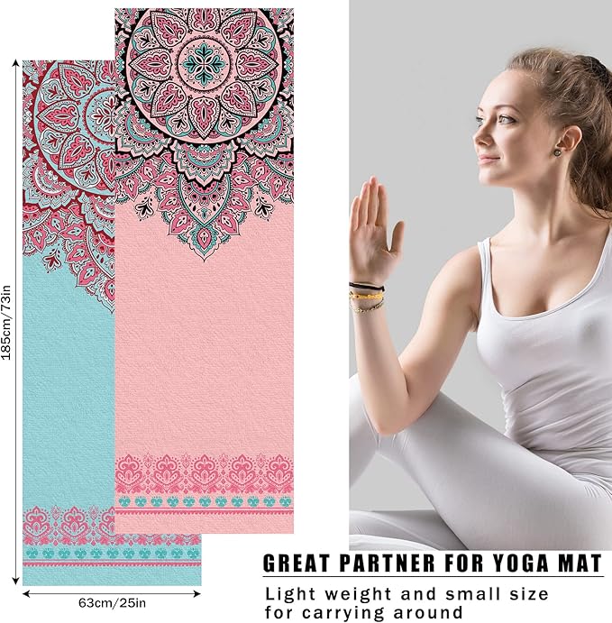 Tudomro 2 Pcs Yoga Towel, Non Slip Hot Yoga Mat Towel 73'' x 25'' Soft Sweat Absorbent Yoga Blanket Multicolor Yoga Accessories Workout Towel for Gym Bikram Pilates Yoga, Pink Blue