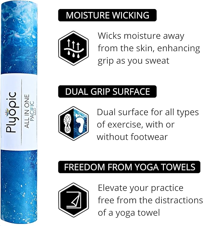 Plyopic. All In One Yoga Mat | Luxury Sweat-Grip Mat/Towel Combo | Ideal for Yoga, Hot Yoga, Bikram, Pilates, Workout & Exercise | Eco-Friendly Natural Rubber