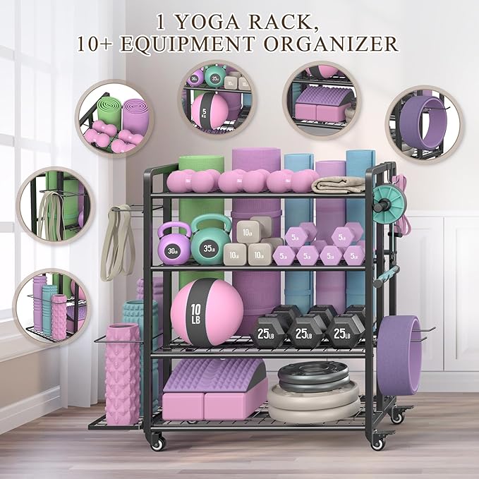 4-Tier Dumbbell Rack Stand Only, Adjustable Weight Rack for Dumbbells Kettlebells Yoga Mat, Home Gym Storage Rack with Wheels and Hooks, Powder Coated Finish