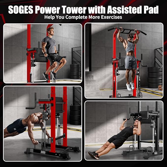 soges Power Tower Dip Station with Assisted Pad, Height Adjustable Pull Up Bar Station for Home Gym, Multi-Function Strength Training Full Body Workout Equipment, 330 Lbs, Red