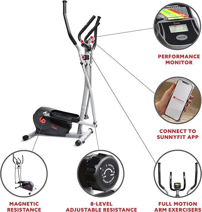 Sunny Health & Fitness Elliptical Exercise Machine, Silent Magnetic Fully Body Training with Pulse Rate Grips, LCD Performance Monitor Equipment for Home Gym, Adjustable Resistance SunnyFit App Access