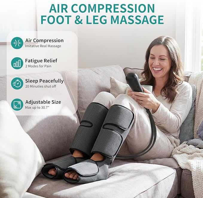 Nekteck Leg Massager for Circulation and Relaxation, Air Compression Foot and Calf Massager to Relieve Pain Edema Swelling with 2 Size Extensions, Gift for Mom Dad Men Women