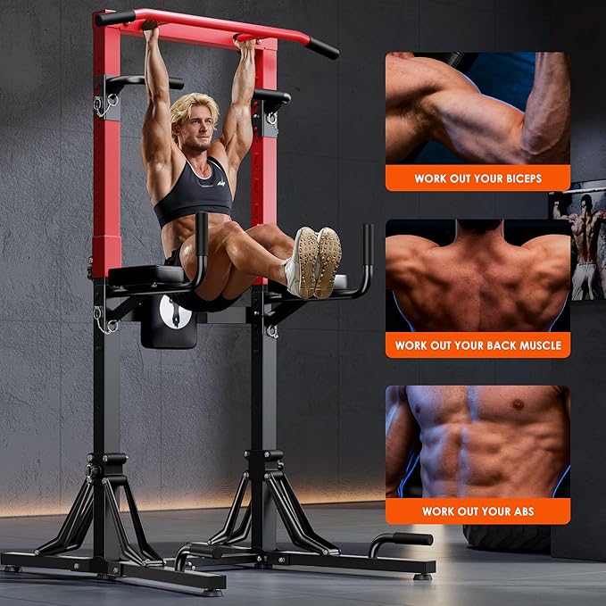 DlandHome Foldable Power Tower Pull Up Bar Station, Strength Training Fitness Equipment, Multi-Function Adjustable Height Pull Up Dip Station for Home Gym Workout, Pull Up Stand, Black & Red
