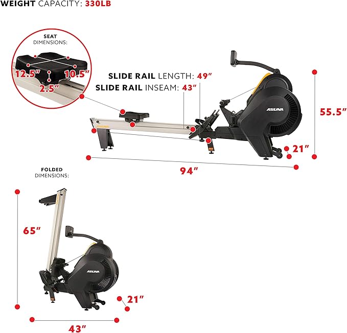 Sunny Health & Fitness AeroForce Fan Rower, Commercial Grade Rowing Machine with Performance Monitor, Long Foldable Rail for Home Cardio Training, Optional Dual Resistance
