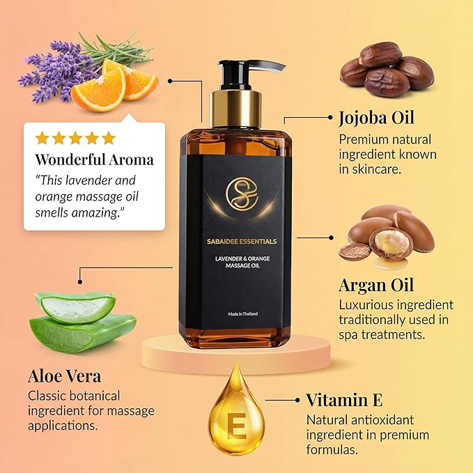 Aromatherapy Massage Oil - Lavender Oil & Orange 10 Fl Oz - Thai Body Oil for Massage Therapy with Jojoba, Avocado, Argan, Aloe, Almond - Relaxing Body Care & Self-Care