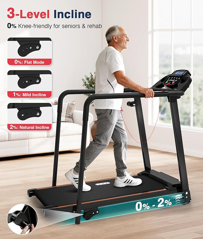 Redliro Walking Treadmill with Long Handrails – Treadmill for Seniors 300 lbs Capacity – Foldable, Lightweight with Wheels, Cup & Phone Holder – Recovery Machine for Home or Apartment