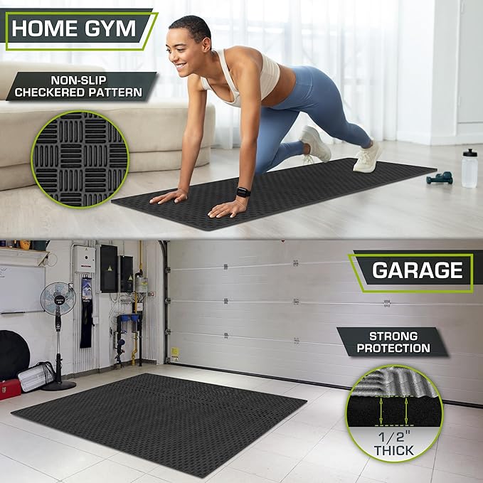 ProsourceFit Exercise Puzzle Mat ½-in, Checkered EVA Foam Floor Tiles w/Non-Slip Texture, Gym Mat w/Interlocking Foam Tiles for Adjustable Surface, Shock Absorbing, Waterproof Gym Flooring, Black