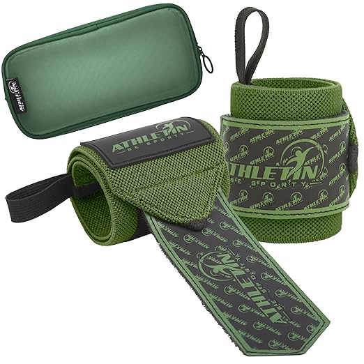 Professional Wrist Wraps, Heavy-Duty Support with Thumb Loop 18 Inch Pair for Powerlifting, Bodybuilding, Cross Training - Mesh carry pouch included (Army Green)